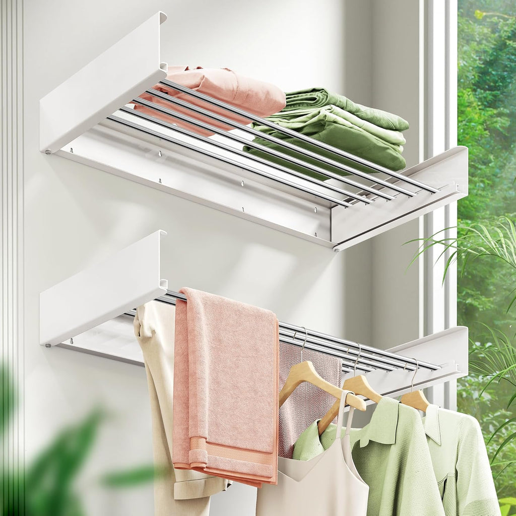 Wall Mounted Clothes Drying Rack 32 inches,Foldbale Laundry Drying Rack Wall Mount,Drying Rack Clothing Space Saver,Retractable,Collapsible,Folding Laundry Rack,White