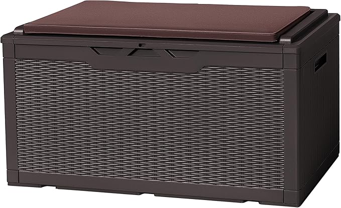 Flamaker Deck Box with Cushion 100 Gallon Waterproof Resin Storage Box with Air Rod Indoor Outdoor Lockable Storage Bench for Patio Furniture, Tools, Pool Accessories (Deep Brown)