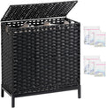 Laundry Hamper with Lid 132 L, (35 Gallons) Clothes Hamper with Lid, Handwoven Rattan Laundry Hamper with Metal Heightened Feet, Laundry Hampers with 3 Removable Liner Bags for Laundry-Black