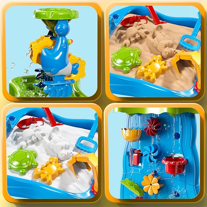 Water Table for Toddlers 1-3 Kids Ages 4-8, Double-Sided Waterfall Discovery Wall with Rich Activity Set, Summer Kids Outdoor Beach Sensory Sand Water Play Table Toys, Birthday Gifts for Boys & Girls