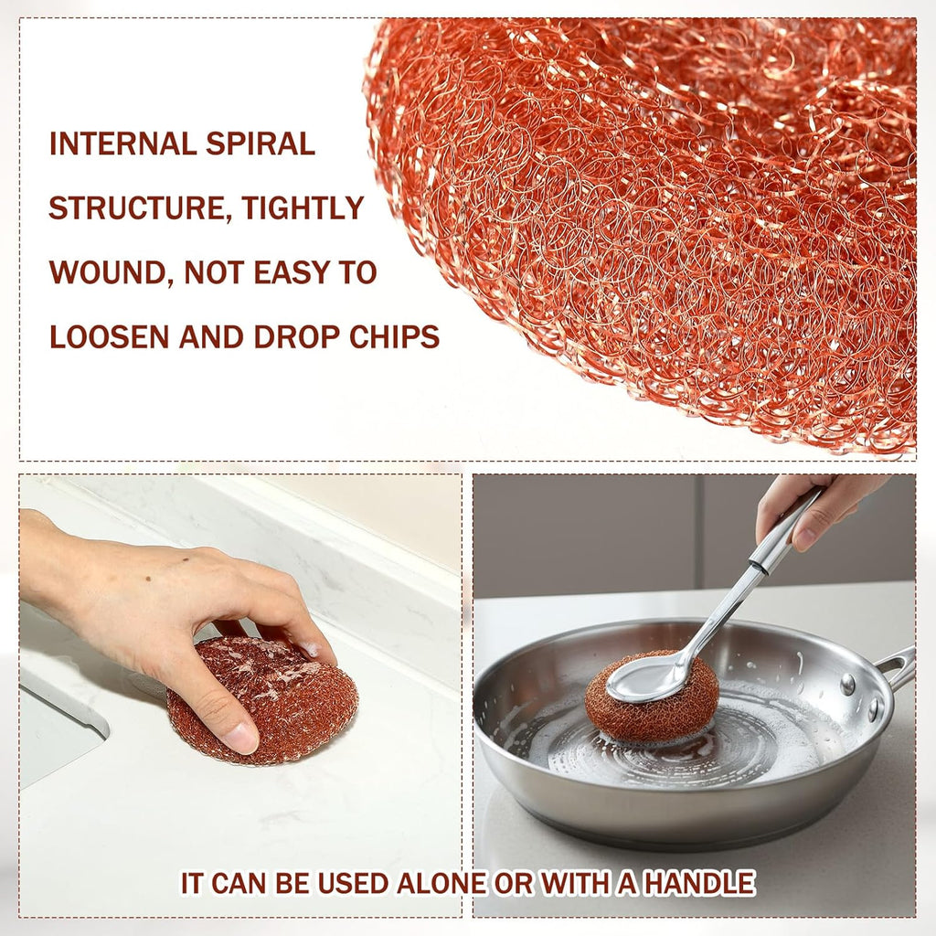 5 Pcs Copper Coated Scourers Copper Scrubbing Pads Scouring Pads 1 PC Steel Wool Scrubber Dish Brush Set with Handle Deep Cleaning Scrubber Silver for Kitchen Cleaning Dishes Pots Pans