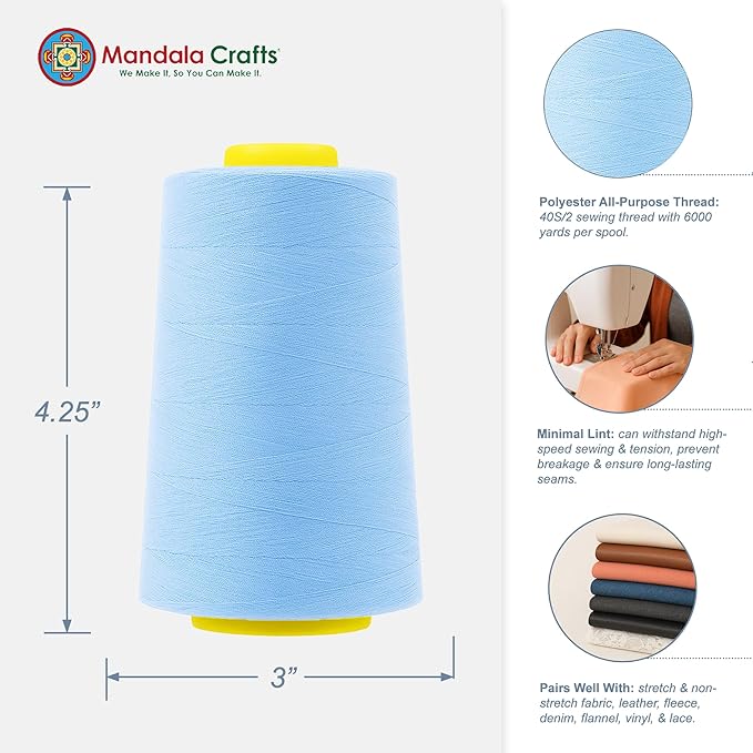 Mandala Crafts 4 Pack of Serger Threads Cones Spools - 40S/2 24000 Yards Polyester Ice Blue Threads for Sergers Machine and Overlock Quilting Sewing Machine