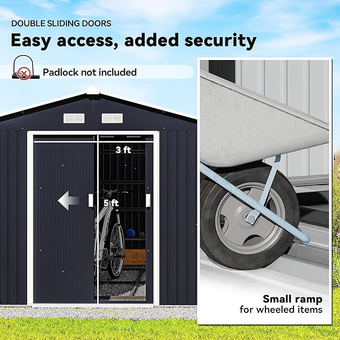 Outsunny 11' x 9' Outdoor Storage Shed, Garden Tool Metal Shed with Foundation Kit, Double Lockable Door, Air Vents and Sloping Roof, for Backyard, Patio, Lawn, Dark Gray