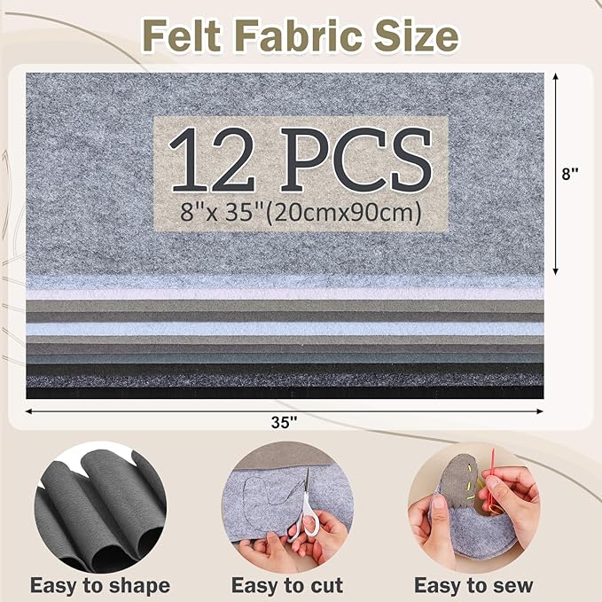 12 Rolls 8"x35"(20.5x90cm) 1.4mm Thick Soft Felt Fabric Sheet 12 Assorted White Grey Series Colors Felt Pack for DIY Craft Sewing Squares Nonwoven Patchwork