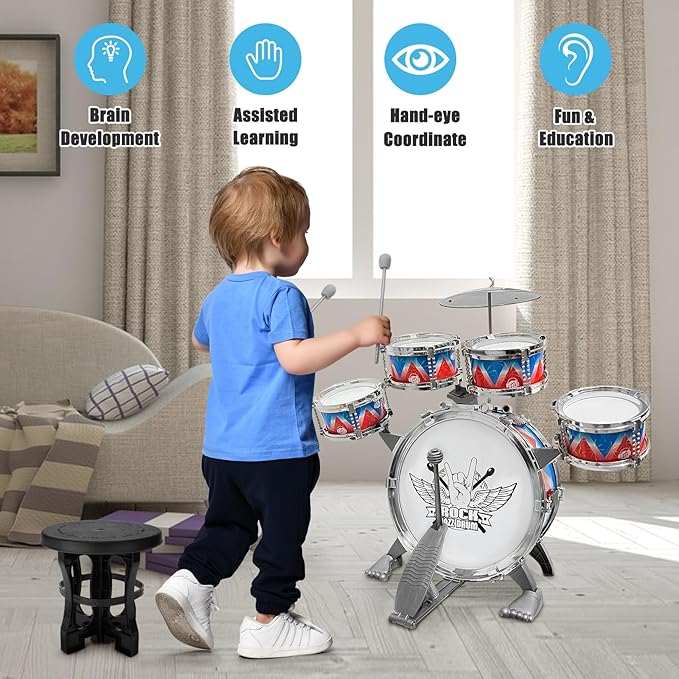 Toddler Drum Set Kids Jazz Drum Kit with Stool Musical Instruments Toys Birthday Chirstmas Easter Gifts for Boys Girls Aged 3 4 5 Year Old