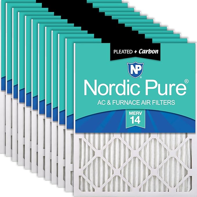 Nordic Pure 20x20x1 (Actual Size: 19 1/2 x 19 1/2 x 3/4) Pleated Air Filters MERV 14 Plus Carbon 12 Pack