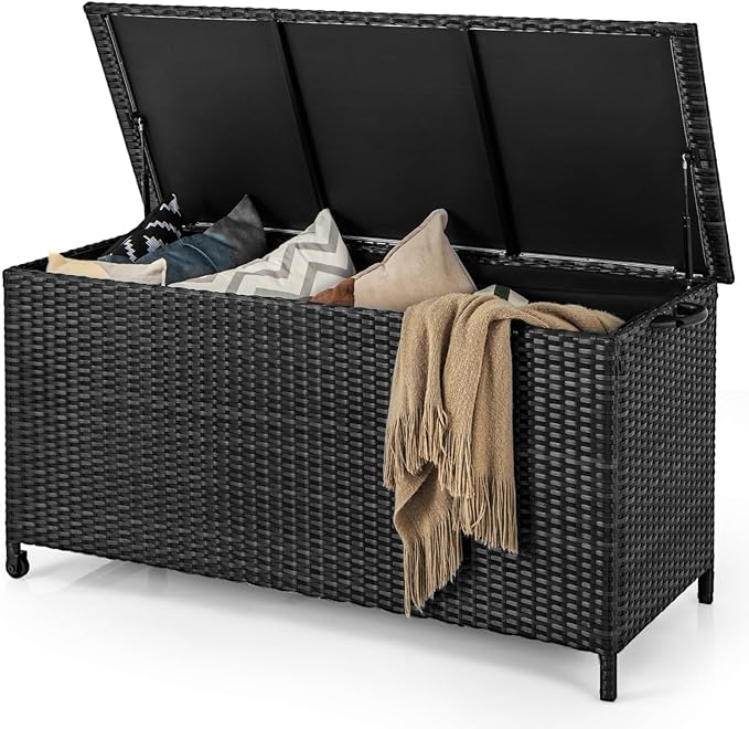 Tangkula Rattan Deck Box, 85 Gallon Storage Container with Waterproof Liner, Wheels & Gas Strut, Indoor Outdoor Wicker Storage Cabinet, Storage Furniture for Pillows, Cushions (Black)