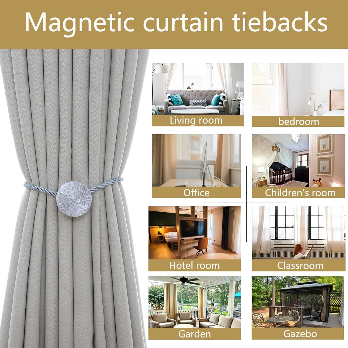 Magnetic Curtain Tiebacks - 12mm Magnetic Tie Backs for Curtains, Heavy Duty No Drill Curtain Holdbacks for Home/Office Windows Drapes, Elegant Gift-Ready Design 7 Colors (2, Gray)