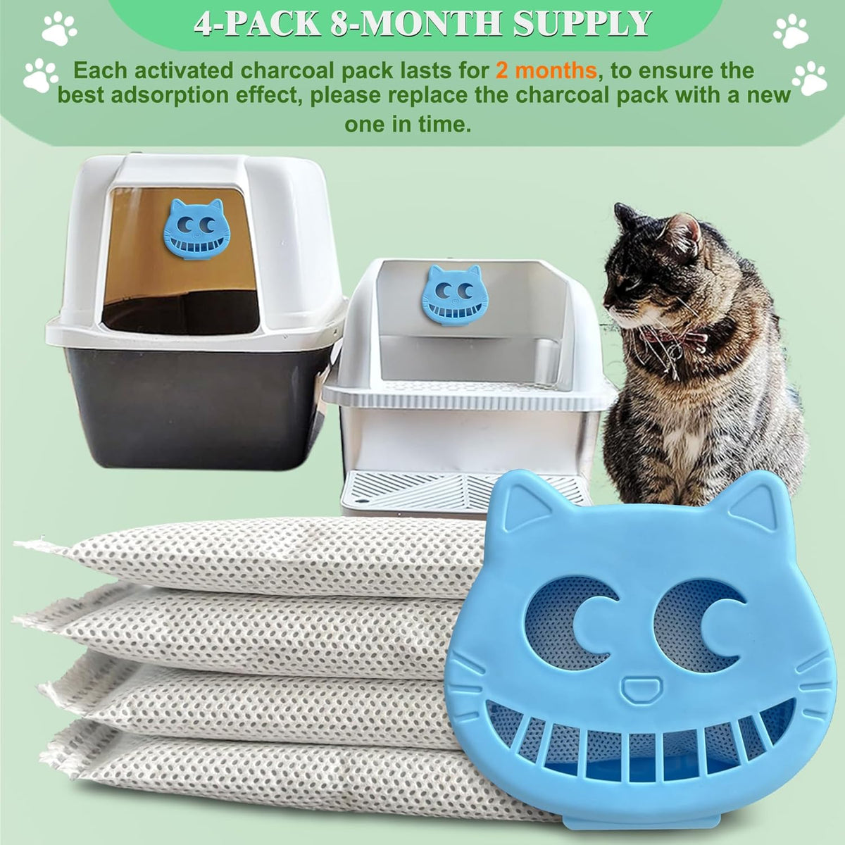 Unscented Cat Litter Box Deodorizer Kit Stick-On Activated Carbon Odor Eliminators Compatible with most manual and automatic litter boxes (4 Refills+ 1 Box) (Blue, Unscented)