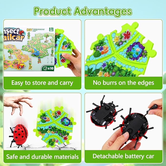 10Pcs Puzzle Racer Kids Car Track Set, Cars Toys for Toddlers, Puzzle Track Car Play Set, Race Tracks for Kids Ages 4-8, Educational Toys for 3 4 5 Year Old Boys (Ladybug)