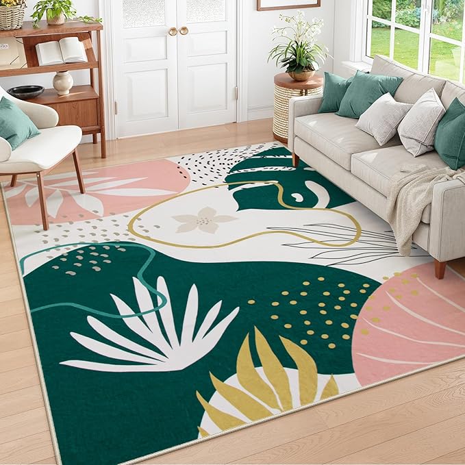 Lahome Area Rugs 4x6 Washable Soft Bedroom Rugs - Non-Slip Ultra-Thin Rugs for Entryway Stain Resistant Floor Rug, Boho Botanical Print Indoor Rug for Living Room Kitchen Office (4'x6',Green/Pink)