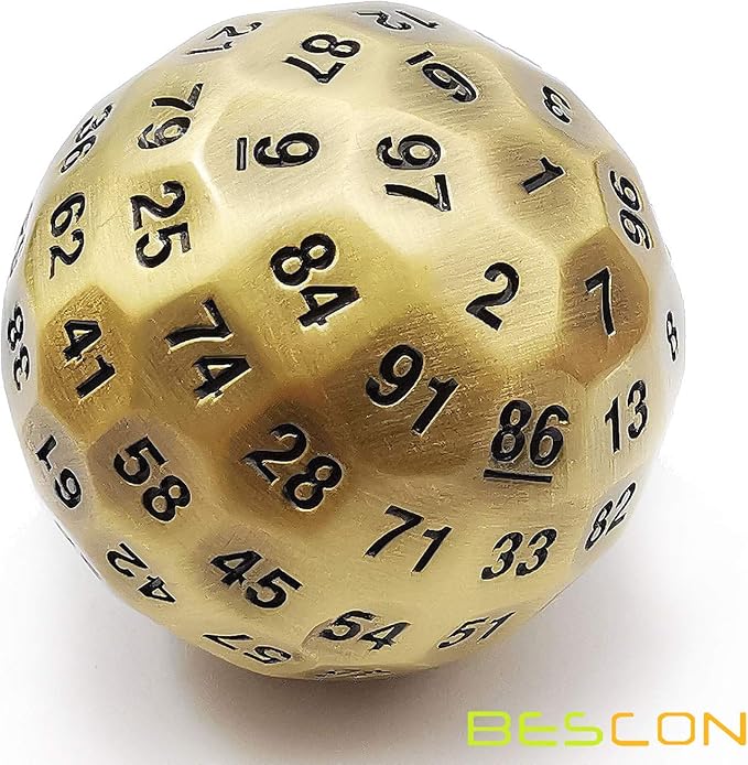Bescon Solid Metal 100 Sided Dice, Game Dice D100, Giant Polyhedral Metal 100 Sides Dice 50MM in Diameter (1.97in), Ancient Brass