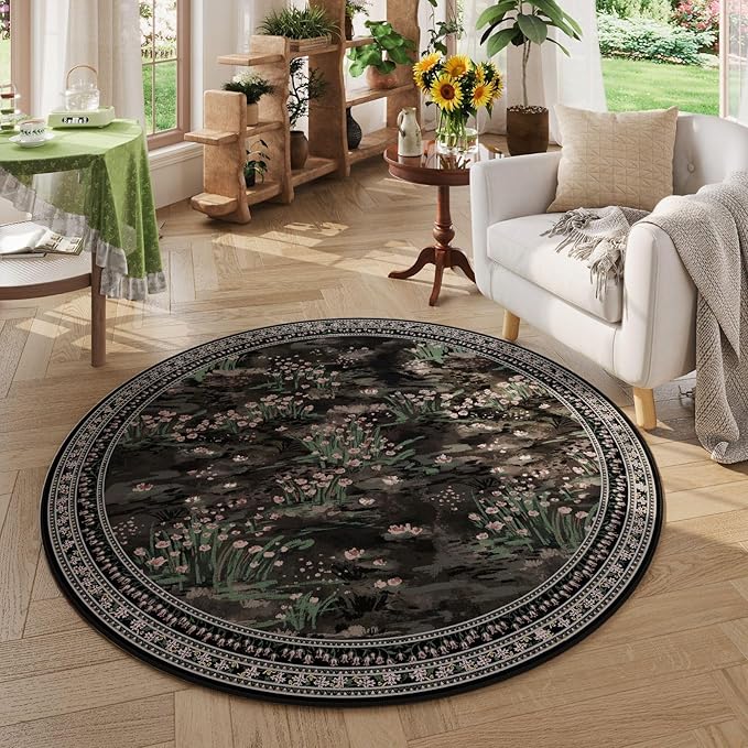 Circle Rug Impressionist-Style Vintage Round Rug 4ft Non Slip Low Pile Small Circular Rug for Bedroom Bathroom Entryway Kids Room Office College Dorm, Black