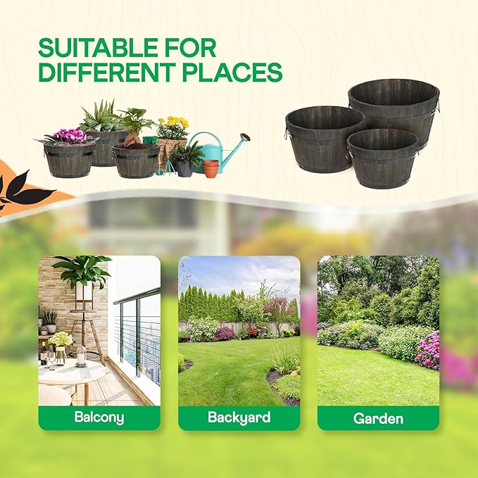 IDZO Set of 3 Wooden Flower Planters for Outdoor Plants, Acacia Wood Barrel Planters, Ergonomic Handles, Drainage Holes, Various Sizes, Black