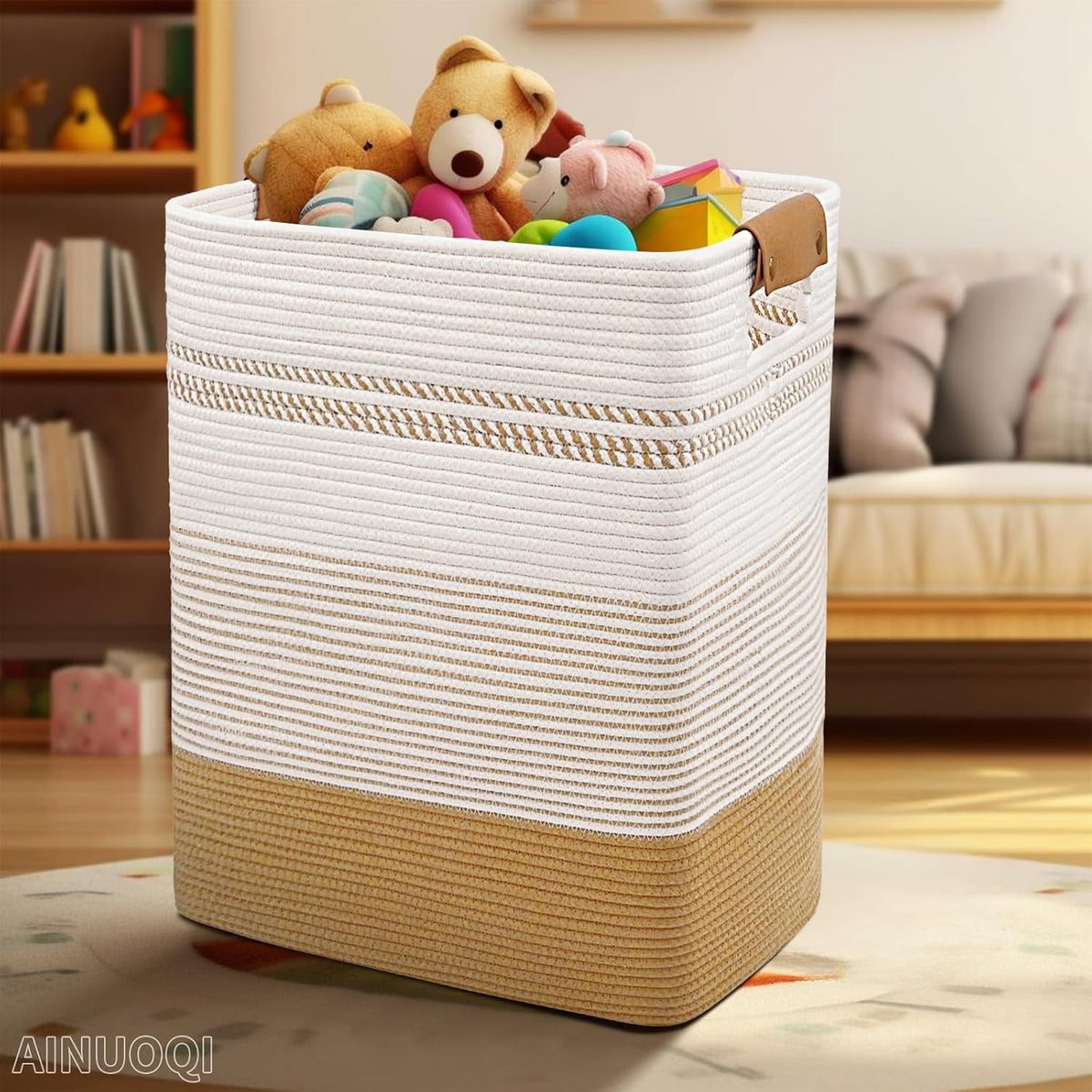 Laundry Hamper Large Laundry Basket with Leather Handles, Decorative Storage Cotton Rope Woven Basket for Blankets, Clothes Hamper for Living Room, Jute & White, 85L