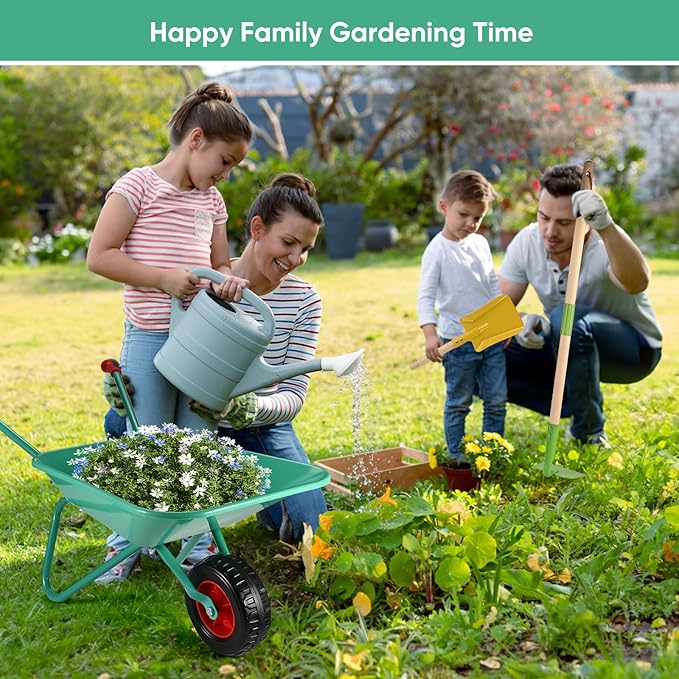 GOLDGE 10pcs Kids Gardening Tool Set - Wheelbarrow Outdoor Toy with Shovel, Rake, Pretend Weed Digging Tools, Backyard Play for Toddlers, Boys, Girls. Ideal Birthday or Valentine's Gift for Ages 3-5