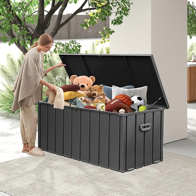 Domi 100-Gallon Outdoor Storage Box – Waterproof, Lockable Storage Cabinet for Patio Furniture, Garden Tools & Pool Supplies – Large Metal Storage for Cushions, Toys & More