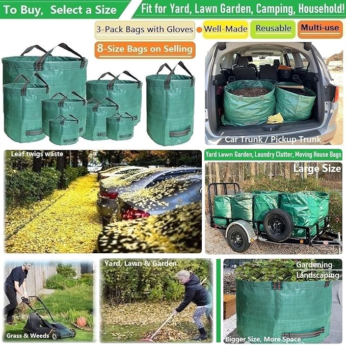 Professional 3-Pack 137 Gallon Lawn Garden Bags (D34, H34 inches) Big Yard Waste Bags with Garden Gloves, Extra Large Reusable Leaf Bags,Garden Clippings Bag,Leaf Container,Yard Trash Bags 4 Handles