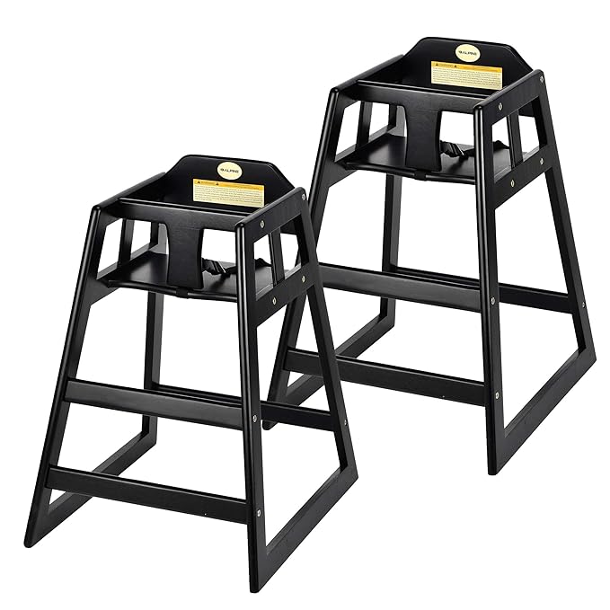 Alpine Wooden High Chairs for Babies and Toddlers with Safety Strap, Commercial Grade Restaurant High Chair, Durable Wood Space Saver Baby Feeding Chair, Ideal for Dining Spaces (2 Pack, Black)