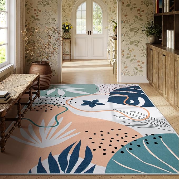 Lahome Washable Area Rug 5x7 - Non-Slip Soft Carpet for Bedroom Ultra-Thin Stain Resistant Rug for Living Room Throw Cute Kids Nursery Rug, Boho Botanical Print Indoor Rugs for Entryway Office