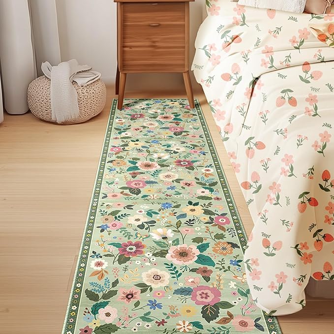 Floral 2x6 Area Rug Machine Washable Soft Print Boho Carpet Non Slip Doormat Low Pile Flower Area Rugs for Living Room Bedroom Nursery Kitchen Dining Room Indoor-Light Green