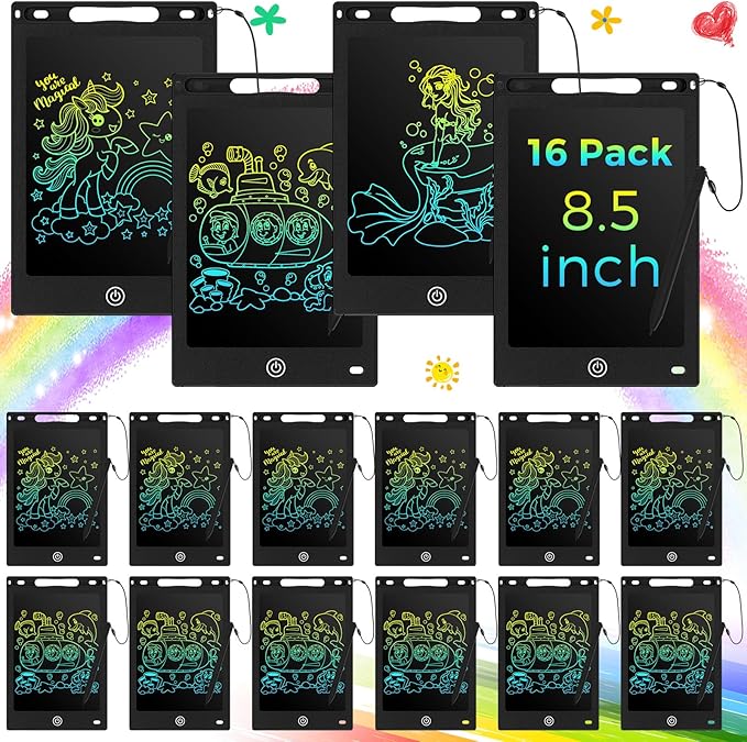 Epakh 16 Pieces LCD Writing Tablet Doodle Pad for Kids 8.5 Inch LCD Drawing Board Colorful Reusable Writing Tablet for Girl Boy Toddlers Educational (Black)