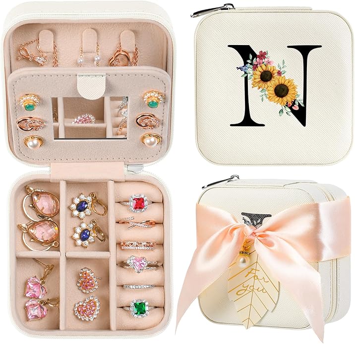 AYGXU Travel Jewelry Box for Women and Girls - Small Case With Initial A-Z - Teacher Gifts