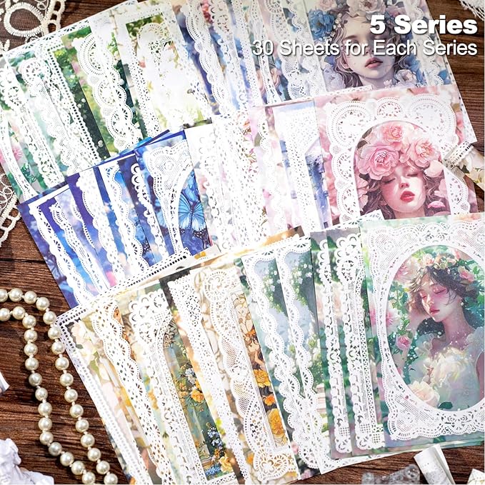 Lace border Scrapbook Paper Set, 150 PCS Goddess of romance Ephemera Pack for Junk Journaling, Scrapbooking, Crafting, DIY Projects, Diaries, and Art Supplies