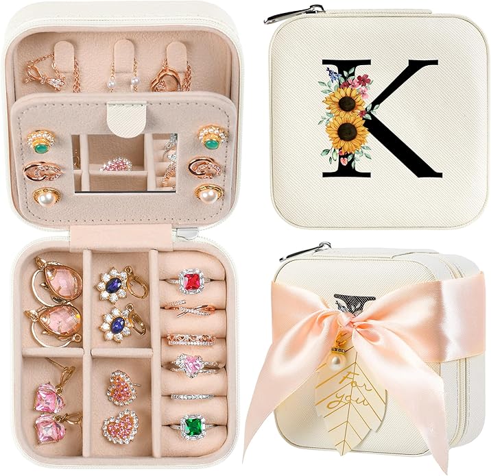 AYGXU Travel Jewelry Box for Women and Girls - Small Case With Initial A-Z - Teacher Gifts