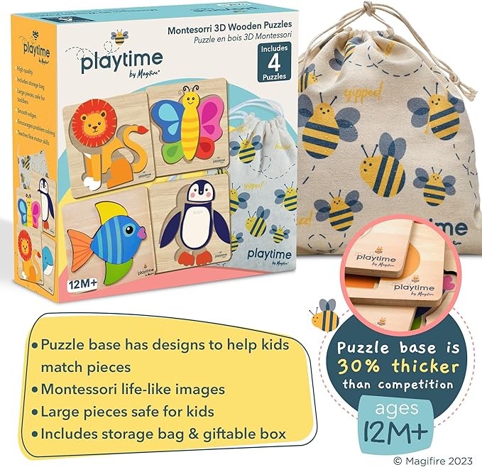 MAGIFIRE Toddler Puzzles Wooden Set of 4-4-Pack Multicolor Wood Animal Shapes with Storage Bag & Giftable Box - Wooden Puzzles for Toddlers 1-3 - Shape Recognition & Fine Motor Skills