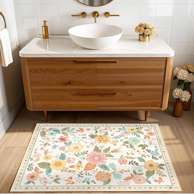 Floral 2x3 Area Rug Machine Washable Soft Print Boho Carpet Non Slip Doormat Low Pile Flower Area Rugs for Living Room Bedroom Nursery Kitchen Dining Room Indoor-Beige/White/Orange