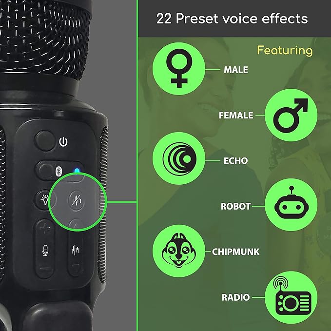 Move Mic by Singing Machine – Bluetooth Karaoke Microphone & Speaker with LED Lights, 22 Voice FX & Rechargeable Battery – Portable Mic for Dorm Parties, Family Fun, Kids, and Teens