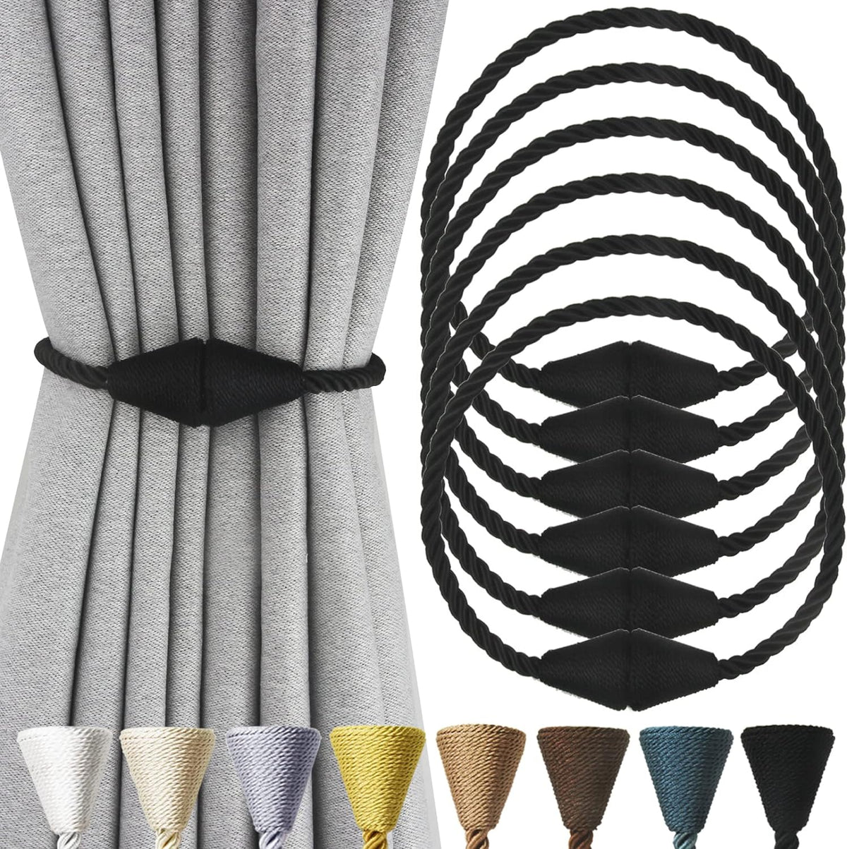 6 Pack Magnetic Curtain Tiebacks Rope Modern Handmade Curtain Tie Backs Decorative Drapes Weave Holdbacks for Window Décor, Black