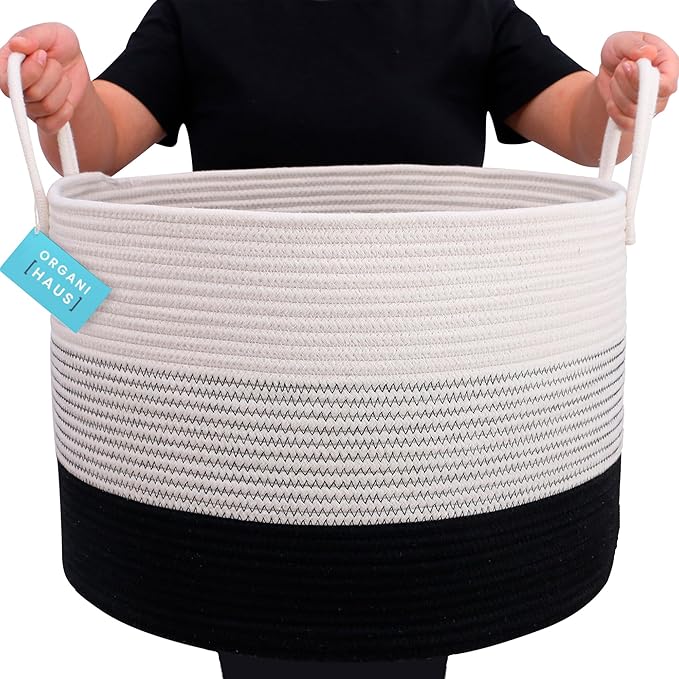 OrganiHaus Woven Laundry Basket, Large Cotton Rope Blanket Holder with Handles, Soft & Sturdy Nursery Hamper, Decorative Toy Bin for Living Room Organization 20x13 inches - Off-White/Black