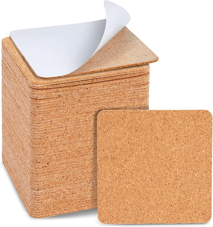 Juvale Square Cork Tiles - 50 Pack, 3.7 x 3.7 in, 1.5 mm Thick, Brown - Adhesive Cork Backing for Coasters & DIY Projects - Craft Supplies for Adults
