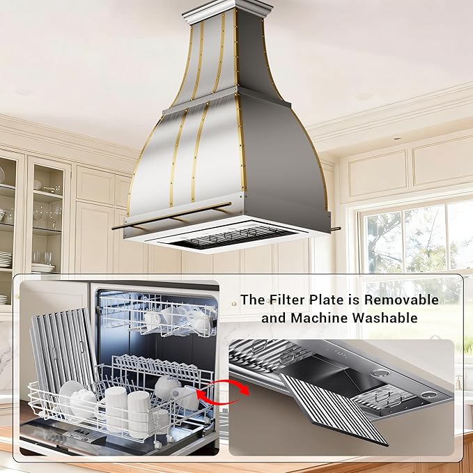 CHETTO C Stainless Steel Range Hood Cover with Quiet Vent Hood Insert Custom Handcrafted Metal Kitchen Fan with Towel Rack LED Light 48"W x27"D x36"H Brushed Stainless Steel Island Mount