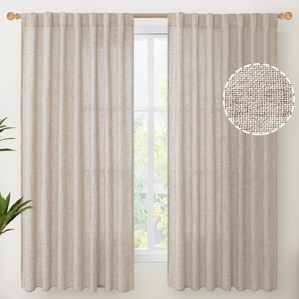 YoungsTex Natural Linen Curtains 60 Inch Wide Back Tab Textured Window Drapes 63 Inch Window Length for Living Room Light Filtering, 2 Panels