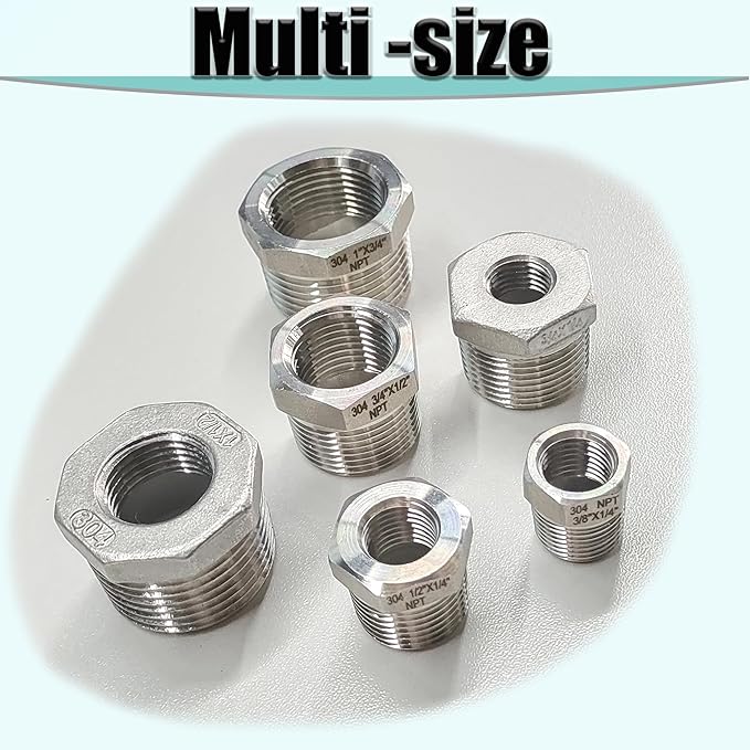 1" NPT Male to 3/4" NPT Female Hex Bushing Reducer, 304 Stainless Steel NPT Reducing Adapter Pipe Fitting, Heavy Duty Pipe Hex Bushing for Reducing Pipe (1” MNPT x 3/4” FNPT)