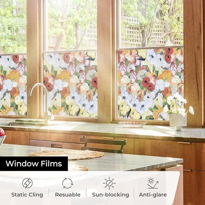 Window Privacy Film, Frosted Glass Decorative Static Cling, Removable Sun Blocking Vinyl Covering, Window Film for Home Kitchen Living Room Bathroom, Oil Painting Flowers, 17.5" x 78.7 "