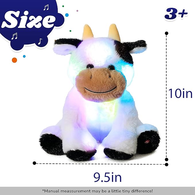Cuteoy Glowing LED Cow Light-up Nightlight Toys Musical Plush Stuffed Animal Soft Singing Lullabies Birthday Christmas Plushies Gifts for Kids Boys Girls,10"