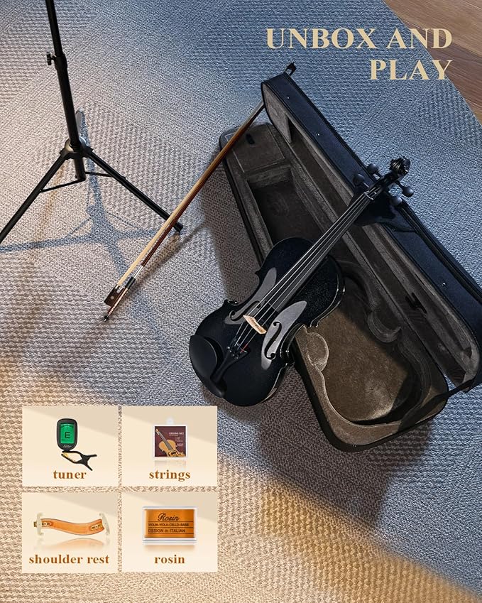 Eastar 4/4 Violin Set Full Size Fiddle Solidwood for Adults with Hard Case, Shoulder Rest, Rosin, Two Bows, Clip-on Tuner and Extra Strings, Black