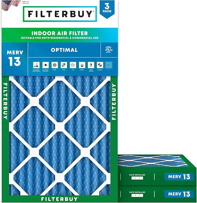 Filterbuy 20x36x2 Air Filter MERV 13 Optimal Smoke & Allergy Defense (3-Pack), Electrostatic Pleated HVAC AC Furnace Filters Replacement, Made in USA (Actual Size: 19.50 x 35.50 x 1.75)