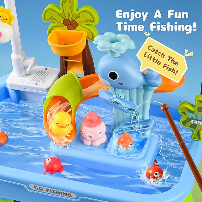 2026 Upgraded Toddler Sand Water Table Toy with Electric Water Pump, Kids Sand Water with Faucet/Play Food Accessories/Fishing Toy, Kitchen Play Sink Toys for Girl Boy Age 3+ (Blue)