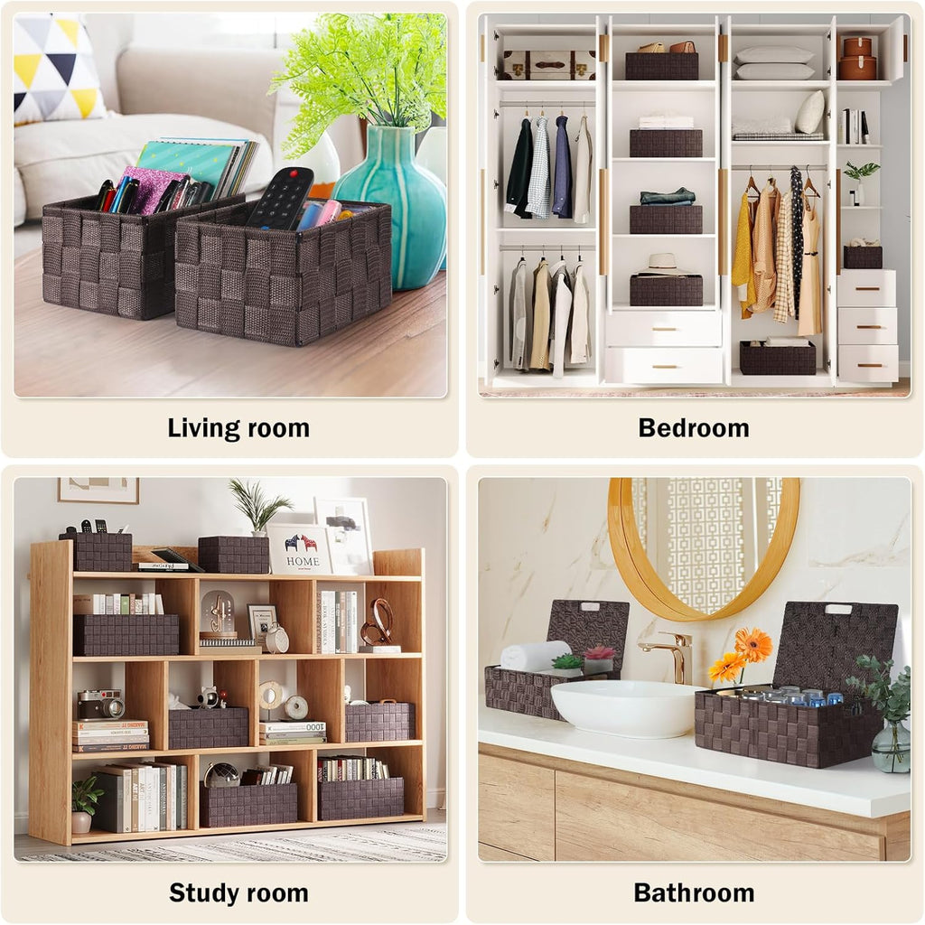Storage Bins Baskets for Organizing with Lids, Storage Baskets for Shelves Stackable Woven Basket, Gift Small Basket Storage Cubes, Decorative Wicker Basket with Built-in Handles (5 Pack, Brown)
