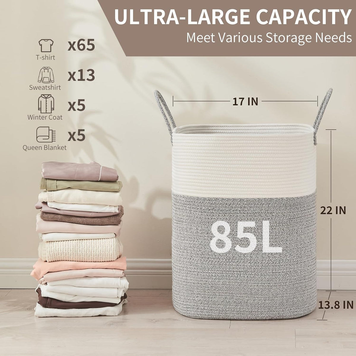 Laundry Basket with Handles - Blanket Basket & Hampers for Bedroom Aesthetic, Laundry Hamper & Blanket Storage for Living Room, Clothes Hamper, Tall, Large 17" x 14" x 24”, White & Grey