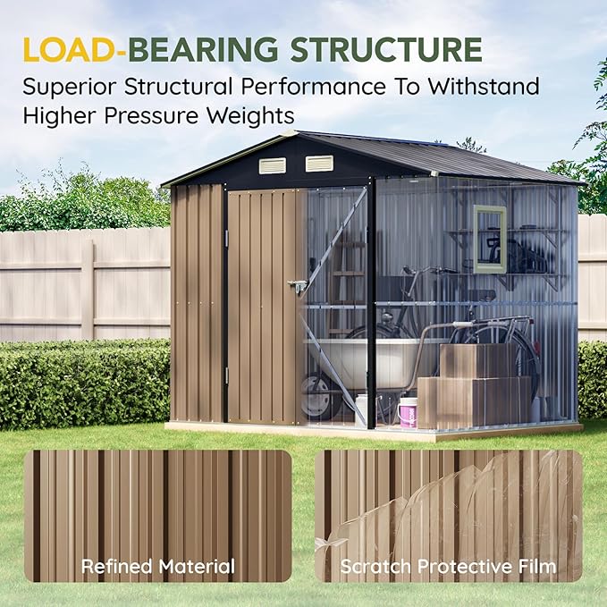 Breezz 8x6FT Outdoor Steel Storage Shed with Clear Window, Lockable Doors, Weather-Resistant Metal Tool Shed for Garden, Backyard, Patio, and Utility Storage.Brown