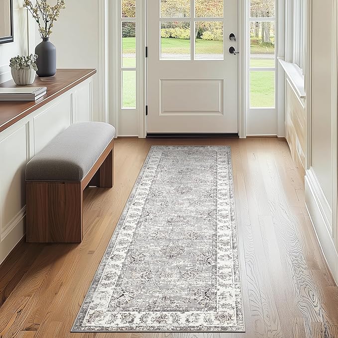 jinchan Hallway Runner Rug 2x8 Machine Washable Runner Rug Grey Vintage Floral Design Non-Slip Ultra-Thin for Kitchen Laundry Room Bedroom Farmhouse (2‘x8',Grey)