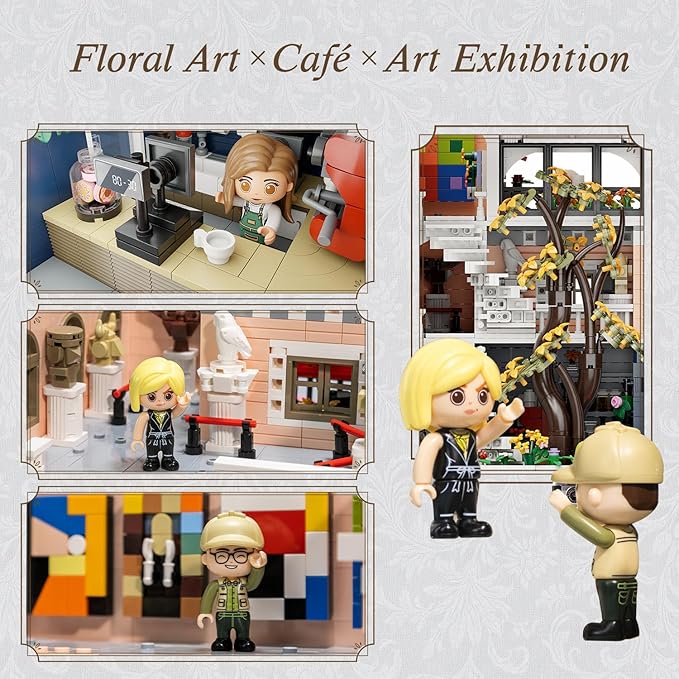 PANTASY Blossom Café Modular Building Set, 3-Story European Glasshouse Landmark with Café, Art Gallery & Floral Atrium, Collectible Architecture Model Kit for Adults, Creative Display Blocks