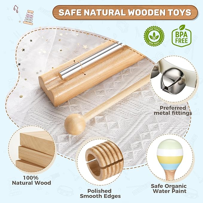 Musical Instruments for Toddlers,POGOLAB Montessori Toys,Educational Wooden Percussion Toys,Gifts for 3 Years Old Boys and Girls, Xylophone,Cymbal,Tambourine,Maraca,Hand Bells,Chime bar
