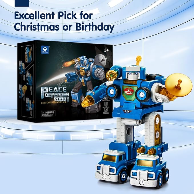 hahaland 5 Year Old Boy Birthday Gift - STEM Toys for Ages 5-7, Toy for 5 6 Year Old Boy, 5 in 1 Building Take Apart Trucks Transform to Robot, Boys Toys Stocking Stuffers for Kids Christmas Ages 5-8
